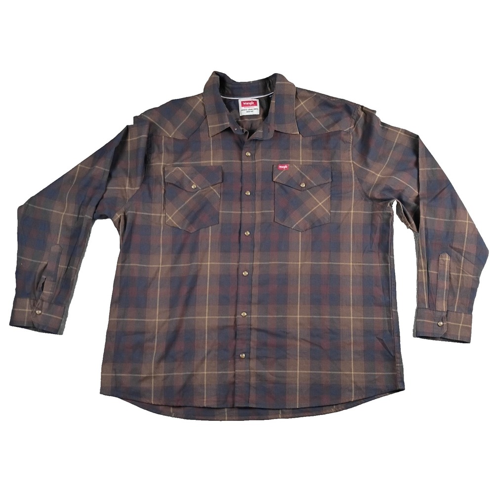 Wrangler 2XL Long Sleeve Plaid Western Style Shirt Pearl Snap Buttons Men Cowboy